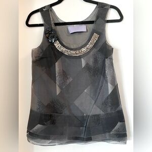 Vera Wang Lavender Label Grey 100% Silk Jewelled Top Blouse Size 34 *Like NEW*